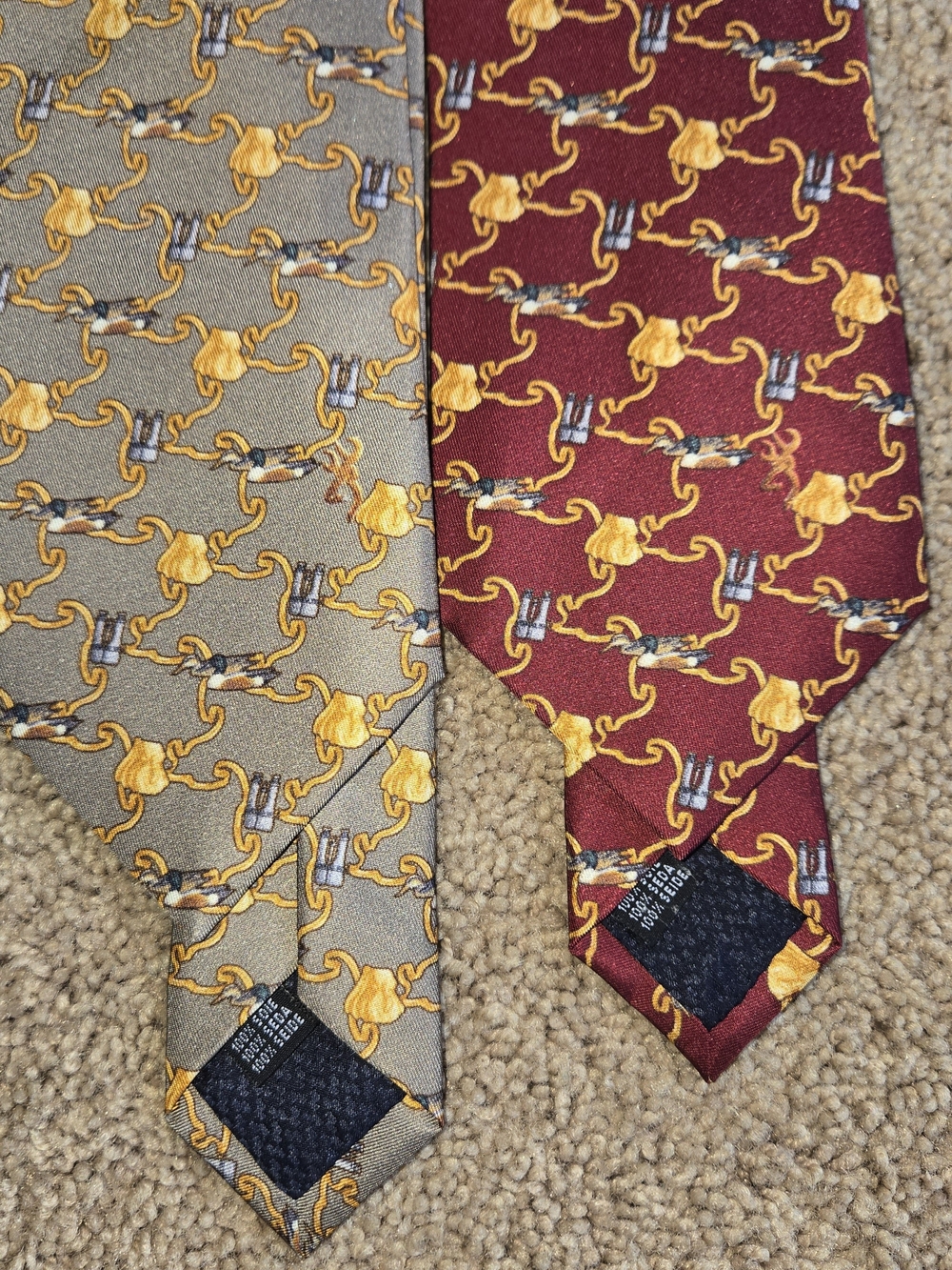 Lot of 2 Vintage Italian Silk Ties Mallard Duck & Hunting Binocular Motif Chain